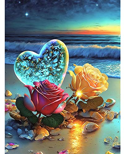 QENSPE Diamond Painting Rosen Herz 5D Diamant Painting Bilder Strand Diamond Art Erwachsene Full DIY Diamant Kunst Malerei Stickerei Set Kreuzstich Bilder Home Wand Dekor 30x40cm