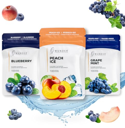 Wunder palillos de dientes - En 3 refrescantes variedades FRUIT CRUSH PACK - Palillos de dientes con sabor - Sustituto de chicle - Aliento fresco con palillos de dientes aromatizados