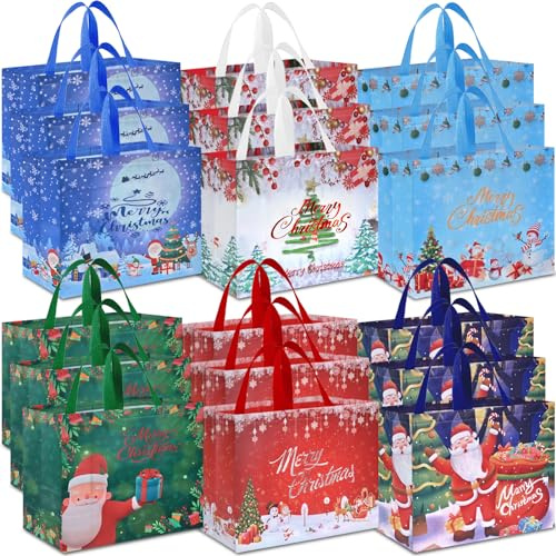 AhfuLife 18 Stück Geschenktüten Weihnachten Groß, 40 * 36 * 15CM, Non Woven Weihnachtstaschen Weihnachtstüten mit Griffen, Weihnachts Geschenktüten, Wiederverwendbare Weihnachtsgeschenktüten