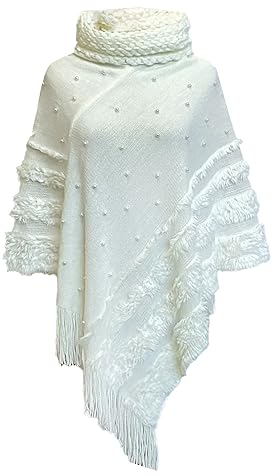 Rayson Womens Knitted Poncho with Fringe Stretch Cowl Polo Neck Elegant Versatile Wrap Cape with Beads for Winter(White)