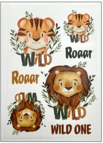 Bügelbilder Set für Textilien DIN A4 Kinder Mädchen Jungen Dino Einhorn Waldtiere groß klein Aufbügelbild zum aufbügeln verschiedene Designs Aufbügler Transferbilder (8 - Löwe & Tiger)
