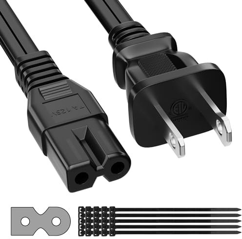 2 Prong AC Power Cord 15 FT, Polarized Cable for Vizio D-E-M-Series HDTV, LED LCD TV, 7A, IEC-60320 IEC320 C7 to NEMA 1-15P, 2 Slot Adapter Universal Replacement Supply Wall Cable with 25 Ties