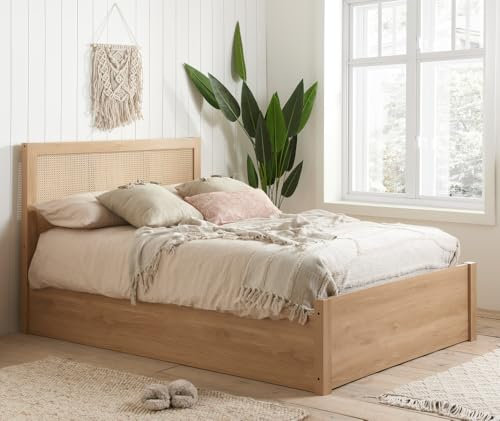 happybeds Ottoman Storage Bed, Croxley Oak Wooden Rattan Ottoman Storage Bed (Oak, 5FT King Size - Frame Only)