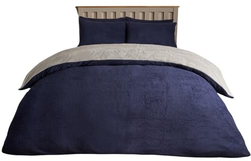 Brentfords Reversible Fleece Bedding Single, Teddy Fleece Duvet Cover with Pillowcase Ultra Soft Fluffy Thermal Warm Soft Bear Fleece Bedding Set - Navy/Grey, Single
