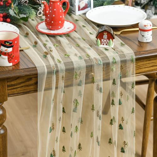 Artoid Mode Aprikose Tüll Stickerei Bäume Gaze Weihnachten Tischläufer 70x300 cm, Winter Küche Tisch Dekoration Drinnen Urlaub Party Dekor