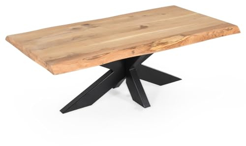Meubletmoi Couchtisch 140 x 70 cm mit Platte aus Eiche hell massiv und zentralem Fußkreuz aus schwarzem Metall – Ottawa 1