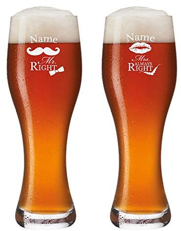polar-effekt 2 Weizenbiergläser mit Gravur - Personalisiert mit [Namen] - Bierglas 0,5l - Weizenglas Geschenk-Idee zur Hochzeit - Mr. & Mrs. Always Right mit Schnurrbart & Kussmund