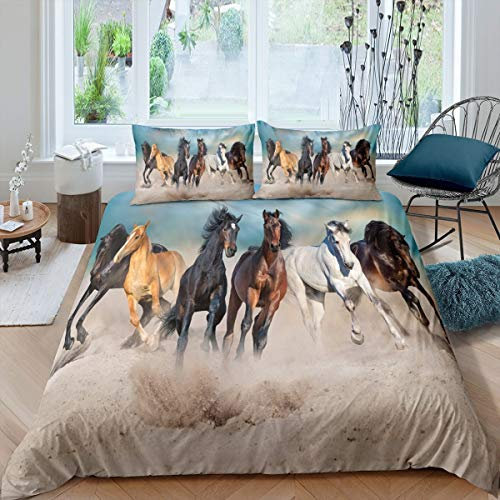 3D Pferd Bettwäsche Set für Kinder Laufpferde Bettbezug Set 155x220 cm für Jungen Mädchen Teenager Jugend Mann Dekorative Wild Animal Pattern Betten Set Kissenbezüge mit Reißverschluss