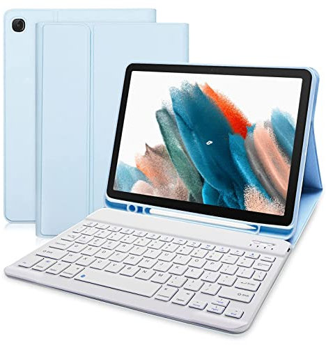 Bueuwe Étui Clavier pour Samsung Galaxy Tab A7 10.4 Modèle 2020 (SM-T500/T505/T507), Clavier Français AZERTY, Housse De Support Mince Et Légère avec Porte-Stylo,Bleu