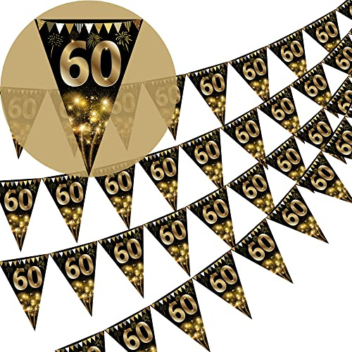 Wimpelkette Happy 60th Birthday, goldfarben und schwarz, glitzernd, Party-Dekoration, für Männer und Frauen, 40 Stück