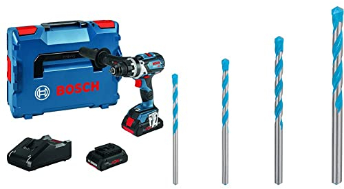 Bosch Professional 18V System Akku Bohrschrauber GSR 18V-110 C (inkl. 2x4.0 Ah ProCore Akku, Ladegerät, in L-BOXX) + 4x Expert CYL-9 MultiConstruction Bohrer Set (für Beton, Ø 4-8 mm, Zubehör)