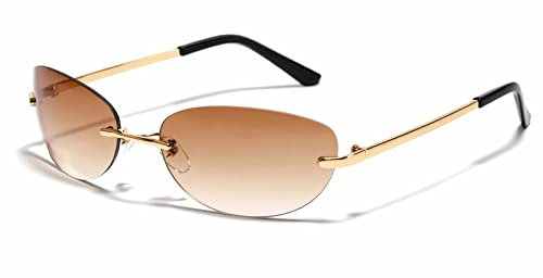 OSAGAMA Retro Ovale Sonnenbrille mit Randlose Linse Metall Rahmen Brille für Damen Herren Outdoor Aktivitäten Braun