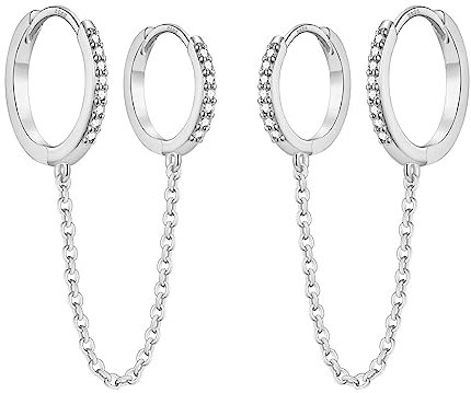 Chain Earrings for Women - 925 Sterling Silver Hoop Double Piercing Earrings CZ Huggie Hoop Earrings Set with Cubic Zirconia Tassel Drop Link Cuff Cartilage Helix Earring for Teen Girls Jewellery Gift