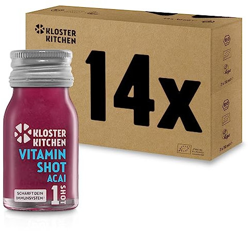 Kloster Kitchen Bio Vitamin Shot Beere Acai 1SHOT 14x 30 ml mit echten Ingwerstückchen I Ingwer Shot vegan in der To Go Glasflasche I süß-scharf ohne Zusatzstoffe & mit natürlicher Süße