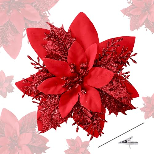 Roqueen 15 Stücke 14CM Künstliche Blumen Weihnachten Poinsettia Glitzer mit Clips Stämme Weihnachten Baum Ornamente für Kranz Party Hochzeit Neujahr Dekoration (Rot)