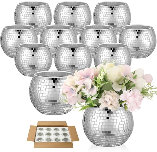 12 PCS Disco Ball Planter Silver Disco Ball Vase, 3 x 4 Inch Vases for Centerpieces Glass Disco Ball Candle Holders Plant Pots, Mirror Disco Ball Flower Vase for Wedding Birthday Office Decor