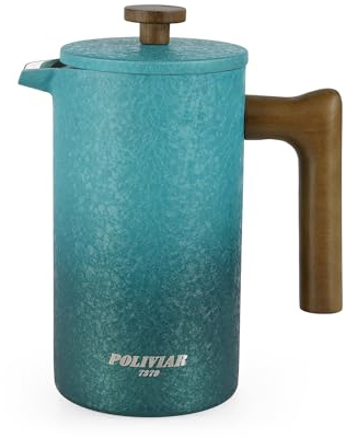 POLIVIAR Cafetiere 8 Cup, French Press Coffee Maker with Wood Handle, Double Walled Insulated Cafetiere &1 Extra Filter, Insulated 1L French Press for Coffee & Tea, Includes 1 Extra Filter