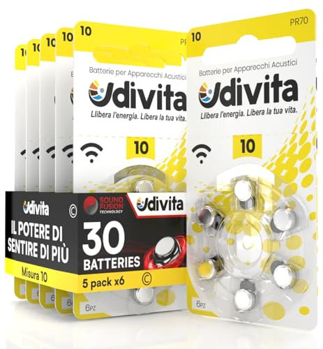 30 Pile Per Apparecchi Acustici Udivita Misura 10 Batterie Zinco Aria - 5 Blister da 6 Pile