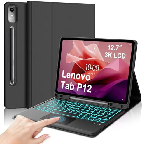 Coque Clavier pour Lenovo Tab P12 12.7 Pouces avec Pavé Tactile, AZERTY Français Clavier Bluetooth Magnétique Détachable avec 7 Couleurs Rétroéclairées pour Tablette Lenovo Tab P12 12.7 2023, Noir