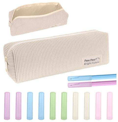 Zidoley Mäppchen Aesthetic, Federmäppchen mit 10 Schutz für Bleistiftkappen, Pencil Case Aesthetic für Mädchen und Erwachsene (Beige)