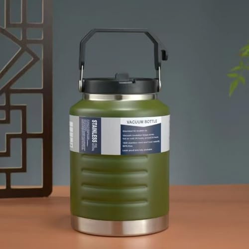 PKRANZYHKAL Botella Agua Acero Inoxidable 2L - Botella Térmica Vacío con Pajita, Mantiene Agua Fría/Caliente 12H, Ideal Gimnasio, Oficina, Viaje - Gran Capacidad,army green