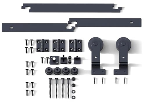 Kit de quincaillerie pour porte de grange, Kit de quincaillerie for porte coulissante pliante double 6/6,6 pieds, système for à 2 portes Fermeture douce et silencieuse(183CM 6FT Rail Kit)
