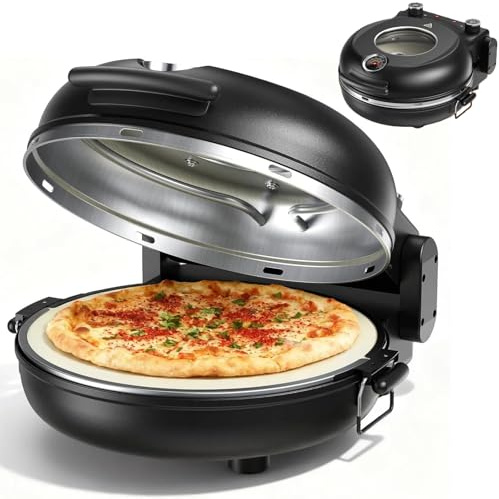 12'' Electric Pizza Oven with Stone Base, 5 Minites Portable Countertop 1200W Pizza Maker, withe Glass Viewing Window, Time Control Button, 5 Temp Settings 420°C Max and Manometer