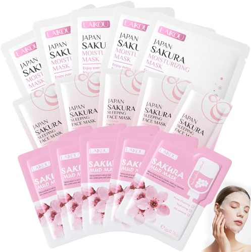 15 Pièces Sakura Ensemble de Soins de la Peau, Masques en Tissu Sakura | Masque Hydratant Visage, Masque à l'argile, masque de Nuit, Nourrissants, Appaisant, pour Adolescentes et Femmes