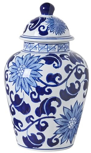 Blumenvase mit Deckel groß rund Porzellan weiß/blau handgemacht Deckelvase 36 cm hoch Cuenca