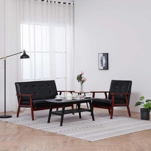 Keeushr 2-TLG. Sofagarnitur Schwarz Kunstleder Ledersofa mit Massivholzrahmen – Sessel und 2-Sitzer Sofa Set in bequemer Kunstleder Polsterung für Wohnzimmer