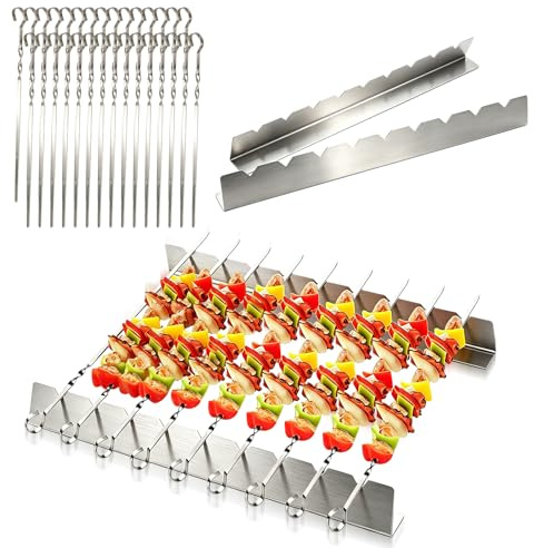 Set de 30 Brochettes Barbecue en Acier Inoxydable 40cm avec 2 Supports de Cuisson à 9 Encoches, Pique à Brochette Plate pour Grillade Jardin, Accessoire Barbecue Inox Lavable au Lave-Vaisselle