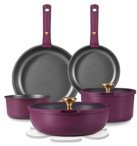 CAROTE Juego de Ollas y Sartenes Antiadherentes con Titanio 13 uds, Morado | Batería de cocina de inducción con cazos, sartenes y mangos extraíbles, aptos para todo tipo de cocinas, lavavajillas y horno