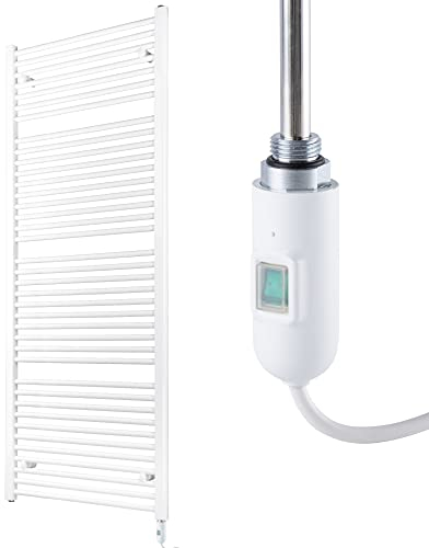 Handtuchheizkörper elektrisch 1662 x 600mm - Badheizkörper elektrisch 900 Watt weiß inkl. Heizstab No. 1 mit Ein- und Ausschalter