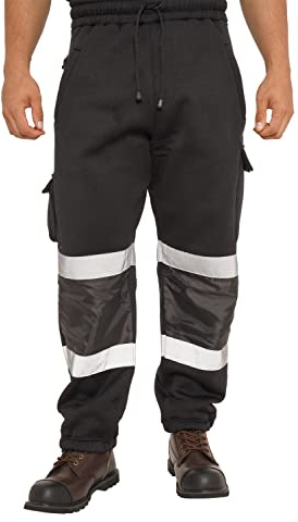 Qaswa Hi Viz High Visibility Mens Work Trouser Safety Fleece Worker Reflective Fluorescent Joggers Black
