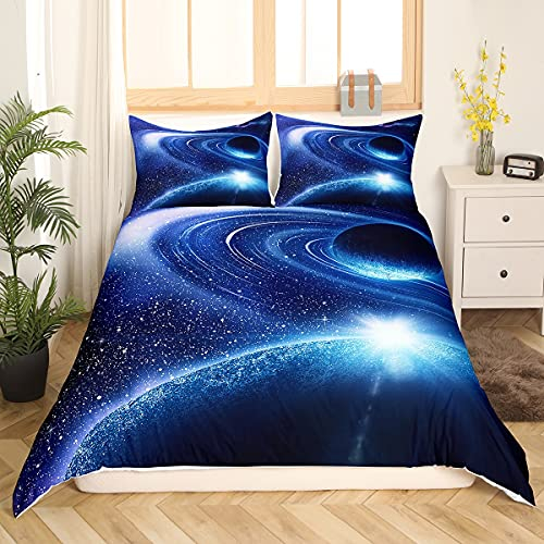 Loussiesd Blauer Galaxiedruck Bettwäscheset 3D Universum Planet Bettbezug Set 155x220cm Raum Sternenhimmel Bettwäsche Kinder Mikrofaserbetten Set mit Reißverschluss 1 Kissenbezug 80x80 cm