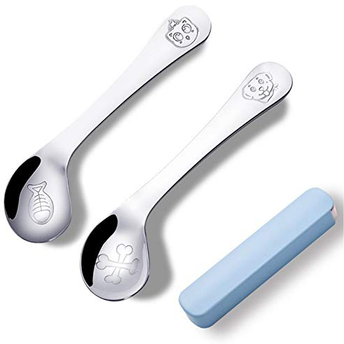 Edelstahl Löffel Und Gabeln Für Baby Kinder - Lernlöffel-Utensilien, Esslernlöffel, Fütterlöffel, Babylöffel, Kinderbesteck - Gebogene Löffel Für Rechtshänder (2 Stück)