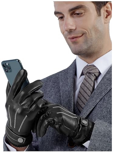 GSG SINCE 1998 Lederhandschuhe Herren aus echtem mit Futter Warm Wolle Gefüttert Touchscreen Lammfell Handschuhe Winter Schwarz L