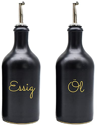 Flasche Essig-Öl Set - Steinzeugflasche - hochwertiger Edelstahl-Ausgießer und Holzkorken - 500 ml - Vinyl-Beschriftung - Wasserfest (Schriftfarbe: Shimmer-Gold)