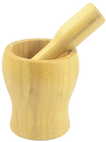 Ruilogod Bambú Cocina Mortero Mortero Conjunto Ajo Dispositivo de mezcla de recipiente