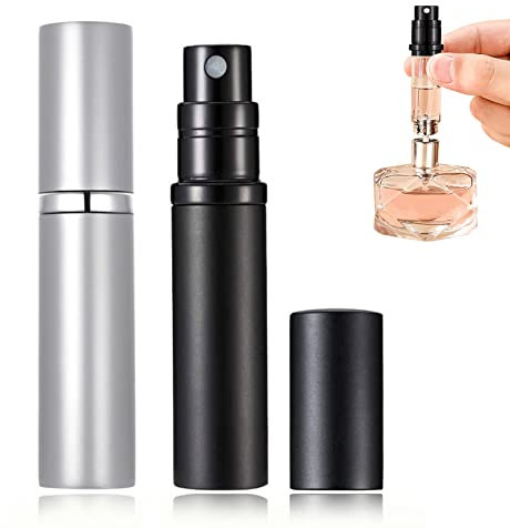 POTWPOT 5ML Perfume Atomiser Refillable Bottles, 2 Pack Refillable & Travel Size Perfume Bottle Leakproof Travel Perfume Bottle Refillable Suitable Purse Pocket or Luggage (Black & Silver) (POT2113)