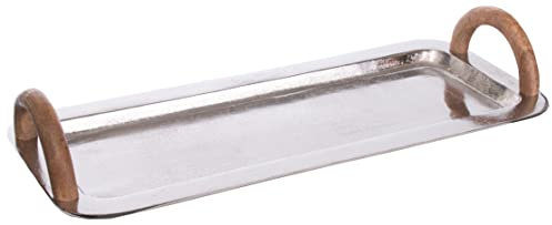 Brandsseller Serviertablett mit Holzgriffen ca. 55 x 23 cm Servierplatte Rechteckig Aluminium-Holz Deko-Teller Deko-Schale Deko-Tablett