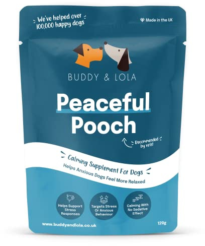 Buddy & Lola Peaceful Pooch Dog Calming Products - Perfect Remedy for Dog Anxiety relief - Easy to Use Powder, No Tablets, Spray or Plug in Needed Breeds - Great for Rescue or Re Homed Pets | Calming powder with Passiflora, lemon balm & B vitamins. Eases anxiety at fireworks, travel & vet visits. No harsh sedatives.