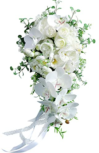 Fouriding Hochzeit Bouquet für Braut, Wasser Tropfen Wasserfall Braut künstliche Blumen Bouquet für Zeremonie Jahrestag Braut Dusche Party Hochzeit Dekoration (Weiße Phalaenopsis)