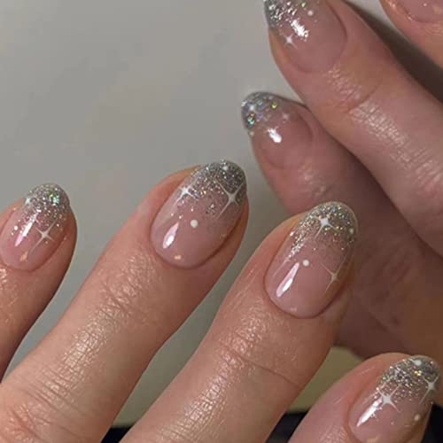 Ceboic 24Pcs French False Nails Almond Short, Glossy Silver Glitter Press on Nails with Star Designs, Oval Fake Nails Acrylic Full Cover Stick on Nails Daily Wear Salon, Shiny White Star, Pack of 1
