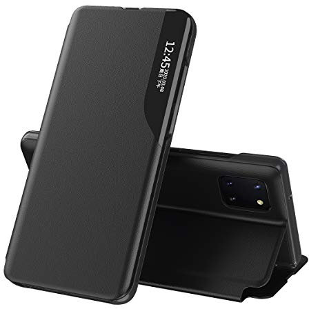 Handyhülle für Samsung Galaxy Note 10 Lite, Galaxy Note 10 Lite Hülle Clear View Fenster Klappbar Leder Schutzhülle mit Stand 360 Schutz Stoßfest Klapphülle für Galaxy Note 10 Lite,QH CC Black