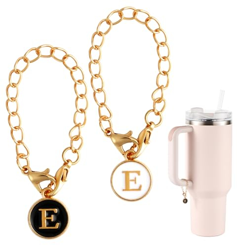 NQEUEPN 2pcs Letter Pendant Accessories for Stanley Cup, Initial Letter Handle Personalized Name ID Alphabet Pendant Chain for Stanley Tumbler (Letter E), gold, white, black