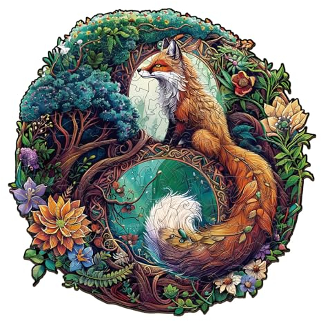 Funnli Holzpuzzles für Erwachsene und Kinder,Einzigartige Tierförmige Holz-Puzzle (Yin-Yang-Fuchs-3), Puzzle aus Tierteilen (M-11.4 * 11.4in-200 Stück)