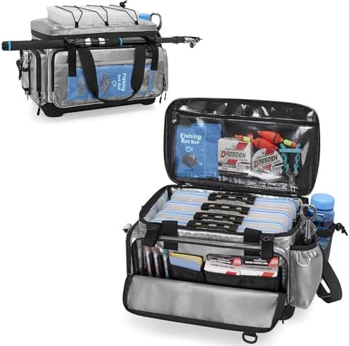 Rexmica Fishing Tackle Bag with EVA Hard Bottom and Rod Holder, Water-Resistant Fishing Tackle Storage Bag Case for Lure Boxes, Other Gear or Equipment, Fishing Rod Bag Holds 1 Rod (Bag Only)
