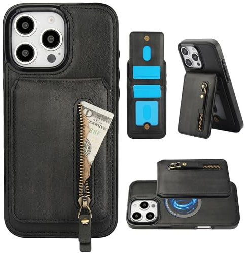 Fofvccv 2 in 1 Magnetic Wallet Case for iPhone 16 Pro, Detachable Premium Leather Men Women Protective Case with Card Slots Kickstand Compatible with MagSafe for iPhone 16 Pro, ZFT Black