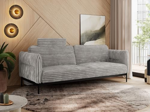 MKS MEBLE 3 Sitzer Sofa mit Schlaffunktion Schlafsofa mit Metallgestell Couch mit Schlaffunktion Bettsofa mit Großer Liegefläche von 200 L × 140 B - Hellgrau Cord - Salento
